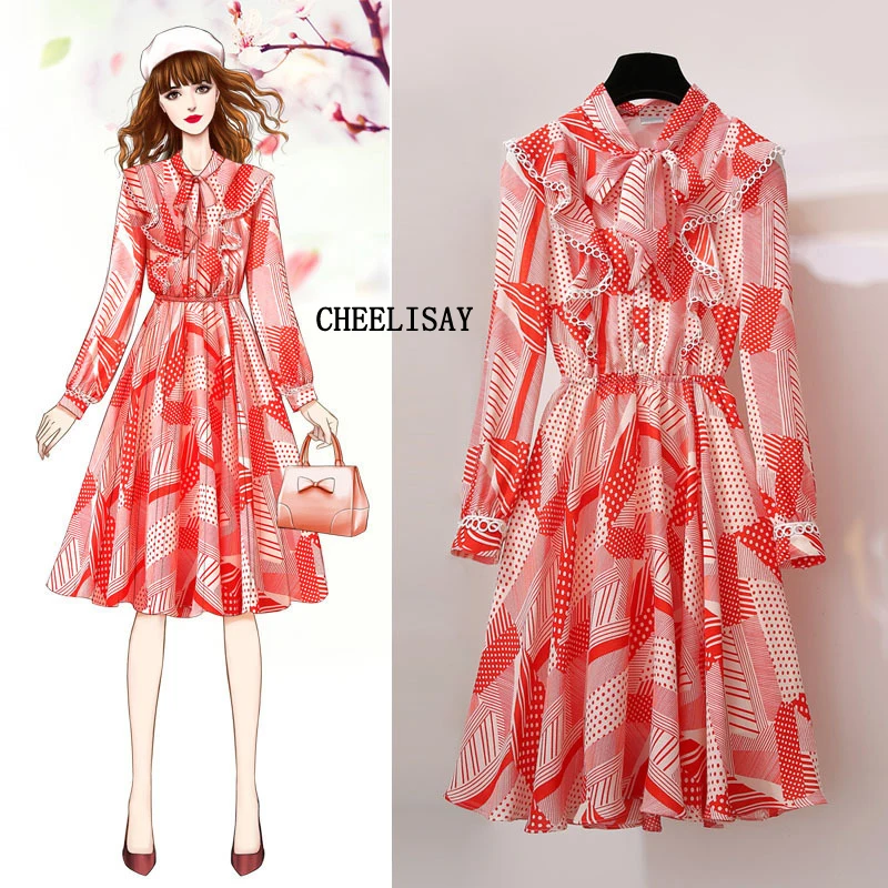 

2019 New Arrival Elegant Bow Neck Print Women Dress Full Sleeve Elastic Slim Waist Chiffon Summer A-Line Dress