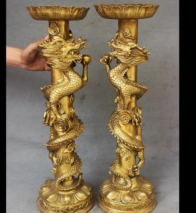 

671116597+++24" China Regius Copper Brass Large-Dragon Play Bead Candlestick Pair Art Statue
