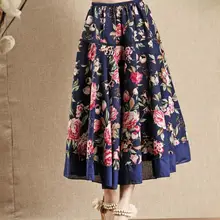 Новая хлопковая льняная длинная юбка с высокой талией Женская винтажная юбка с принтом А-силуэта