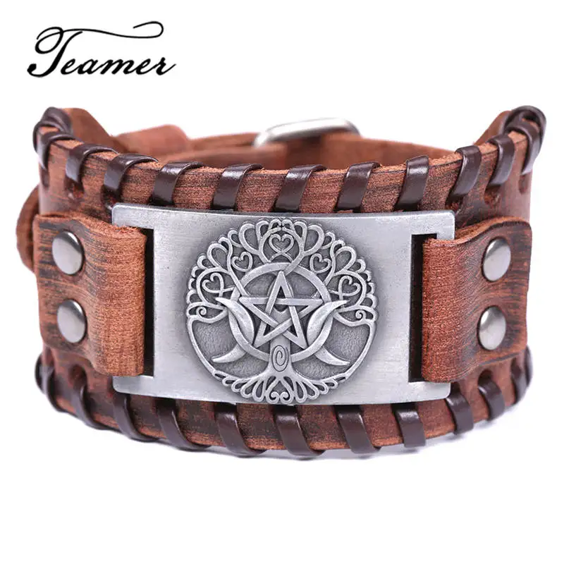 

Teamer Wicca Tree of Life Charm Bracelets Triple Moon Star Goddess Brown Wide Leather Bracelet Vintage Jewelry Amulet Charms