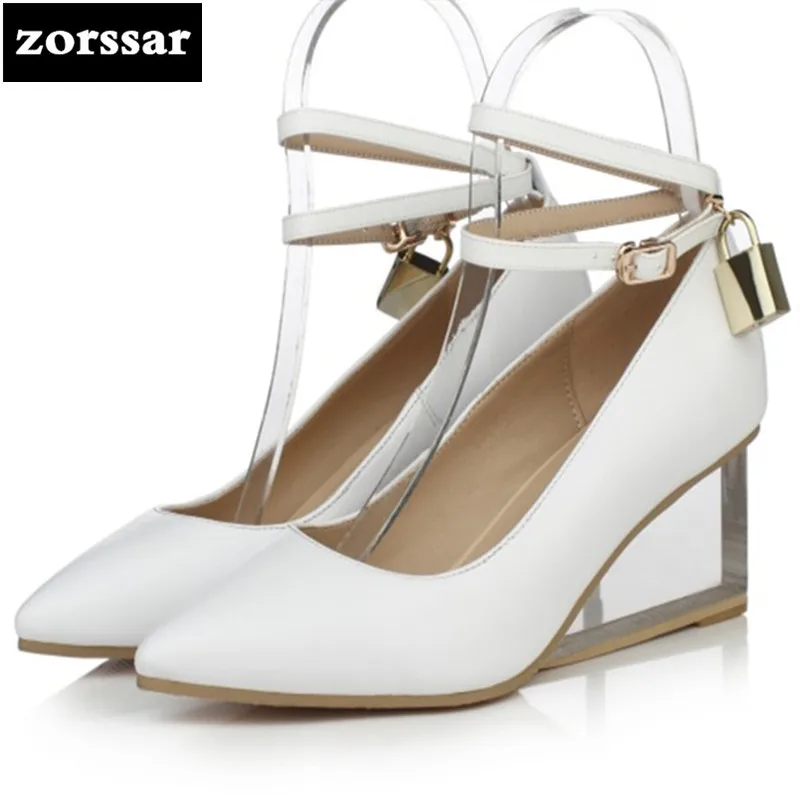 

{Zorssar} 2018 spring New fashion Genuine Leather womens dress shoes Wedges pointed toe High heels ladies Ankle Strap shoes