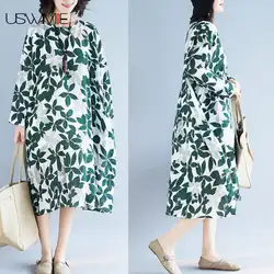 USWMIE 2018 осеннее женское платье литературный Длинные рукава с круглым вырезом зеленые листья плюс Размеры Vestidos контраст Цвет нерегулярные