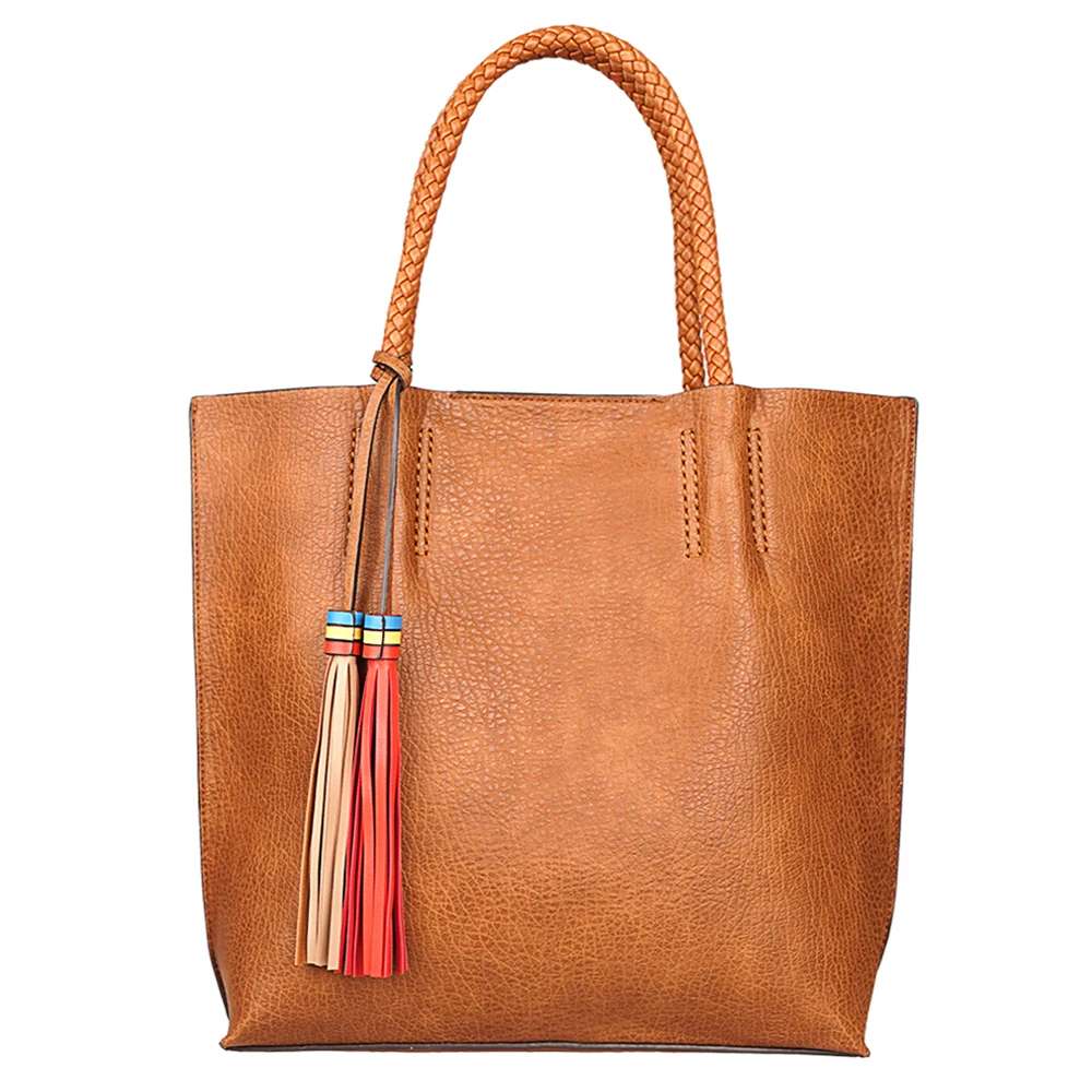 MIYACO Vintage Big Women Tote Bag Leather Handbags Designer Shoulder bag Female Large Shopper Bag with Tassels metal ring tassels colour block tote bag