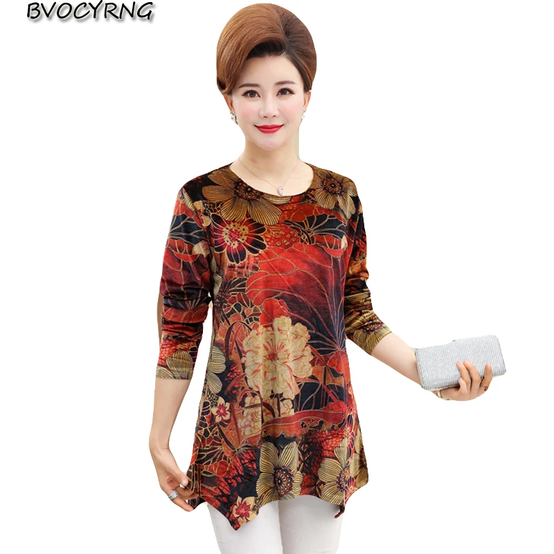 

2018 New Plus Size 4XL Spring Autumn T-shirt Women Clothing Middle-aged Printed T-shirt Mother Costume Fashion Casual Tops A0416