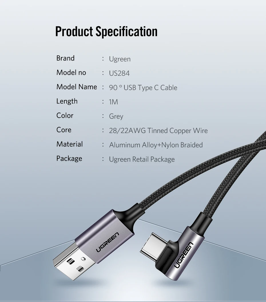 Ugreen нейлоновый USB C кабель 90 градусов Быстрое Зарядное устройство usb type C кабель для Xiaomi Mi 8 samsung Galaxy S9 Plus мобильный телефон USB-C шнур