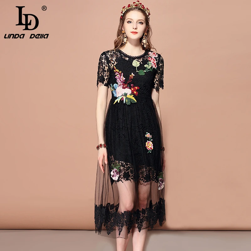 

LD LINDA DELLA Summer Vintage Dress Women's Short Sleeve Black Mesh Patchwork Lace Hollow out Floral Embroidered Elegant Dress