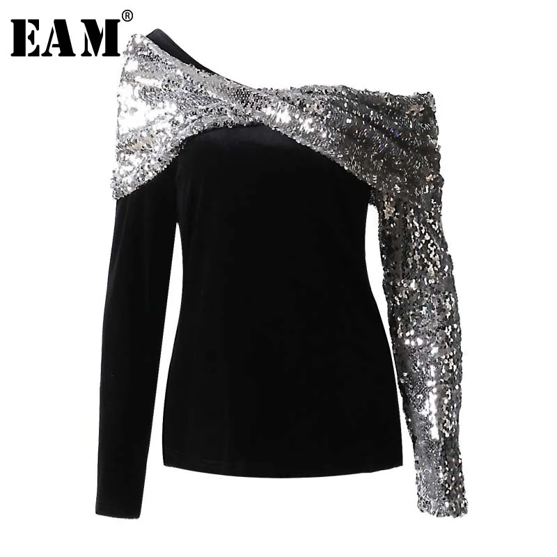 

[EAM] 2019 New Spring Slash Neck Long Sleeve Metal Color Sequins Split Joint Loose Ways Wear Sweatshirt Women Fashion JL830