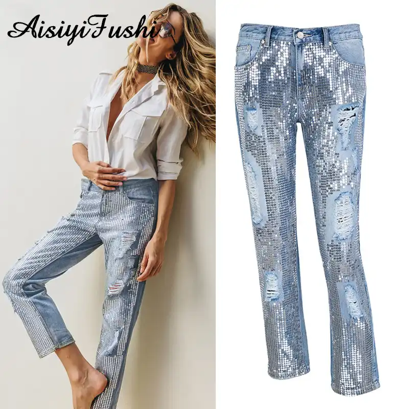 sequin ripped jeans