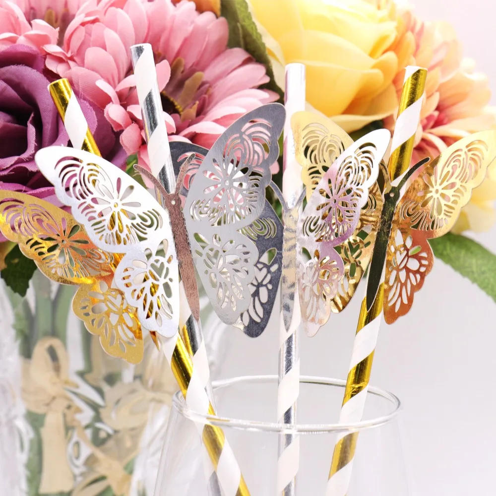 25pcs gold silver Striped Straw and 3D PVC butterfly for Romantic Wedding Party Decoration DIY birthday party bar Decoration