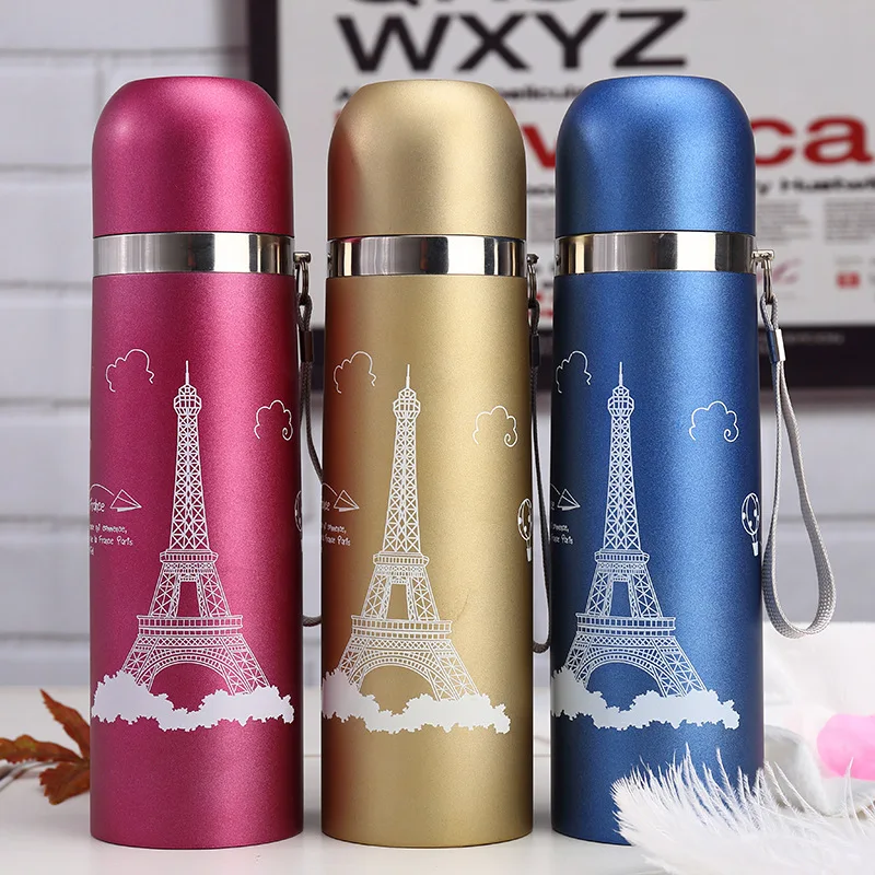 

500ml Iron Tower Bullet Thermos Bottle with Rope Outdoor Sport Car Vacuum Flask Creative Student Insulated Tumbler Cup