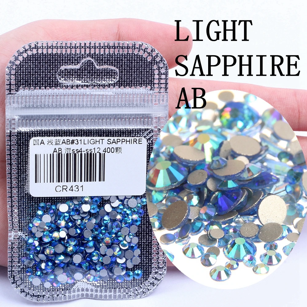 31 LIGHT SAPPHIRE AB Стразы для нейл-арта, 400 шт, микс из SS4-SS12, стеклянные кристаллы с плоской задней частью, не исправляющие Стразы для ногтей, для ногтей, более 60 цветов - Цвет: 31 LIGHT SAPPHIRE AB