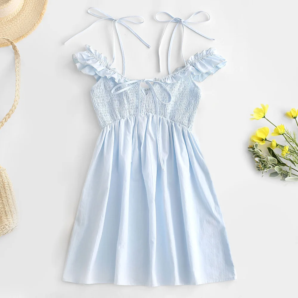 

ZAFUL Open Shoulder Smocked Flounces Mini Dress