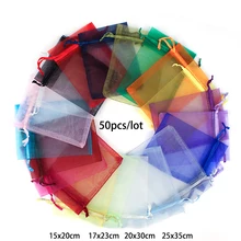 50 шт./лот, 15x20, 17x23, 20x30, 25x35 см, высокое качество, сумки из органзы, сумки для ювелирных изделий, сумка для свадебного подарка, сумки с логотипом на заказ