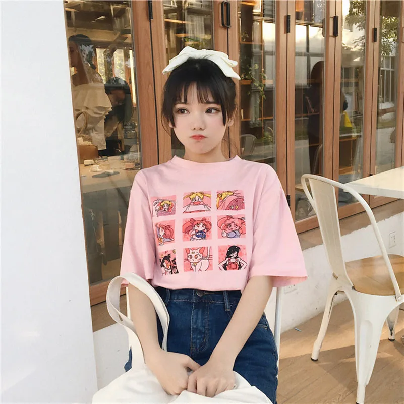 Kawaii T Shirt Summer Women Tops 2018 Harajuku Sweet Print Sailor Moon Loose Short Sleeve Plus Size Tee Shirt Femme +-