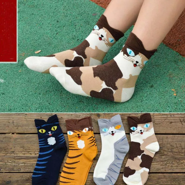 Ankle Socks Strip Cat Polyester Cotton Elastic Short Candy Color For Spring Autumn Winter Lady