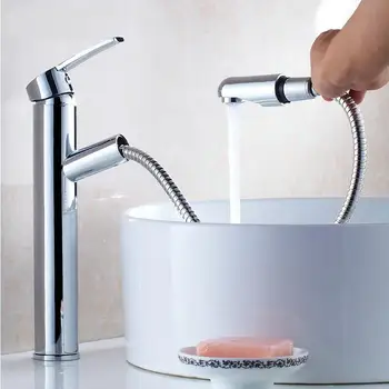 

Free Shipping new 2016 tall Deck mounted chrome polished finish pull out kitchen & bathroom Faucet basin mixer tap HJ-9018