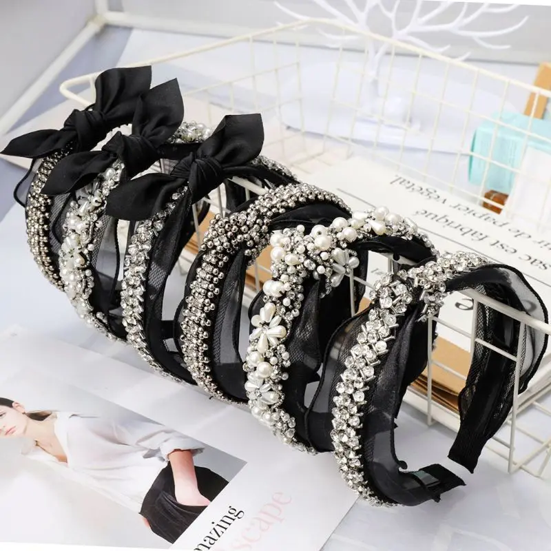 

Wedding Jewelry Wide Headband Ladies Vintage Faux Pearl Rhinestone Handmade Beading Hair Hoop Hollow Gird Bowknot Lace Headwear
