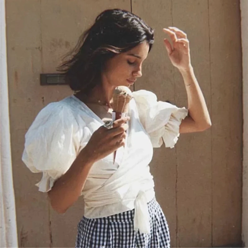 

Vintage V Neck Puff Sleeve Shirt Blouse Women Solid Spring Summer Bandage Womens Tops and Blouse blusas mujer de moda 2019
