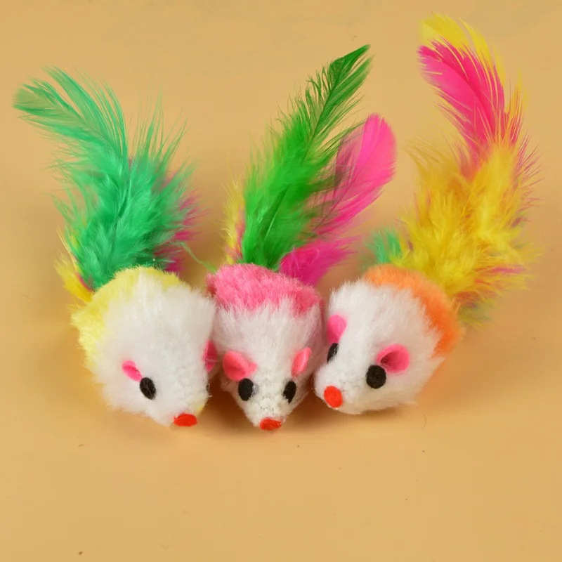 

Plush Mouse Cat Toy with Colorful Feather Tail Teasing Cats Pet Toys Kitten Plaything Easy to Clean W9106