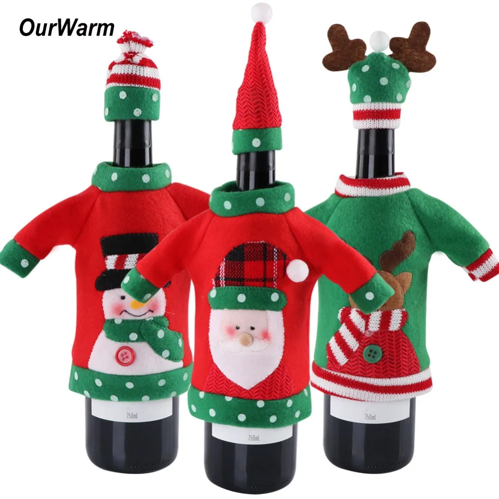5 Sets Christmas Wine Bottle Cover Sweater Handmade Knit Wine Bottle Dress Snowman Reindeer Christmas Tree Wine Bottle Sleeve for Christmas Xmas Party Ornament Decoration