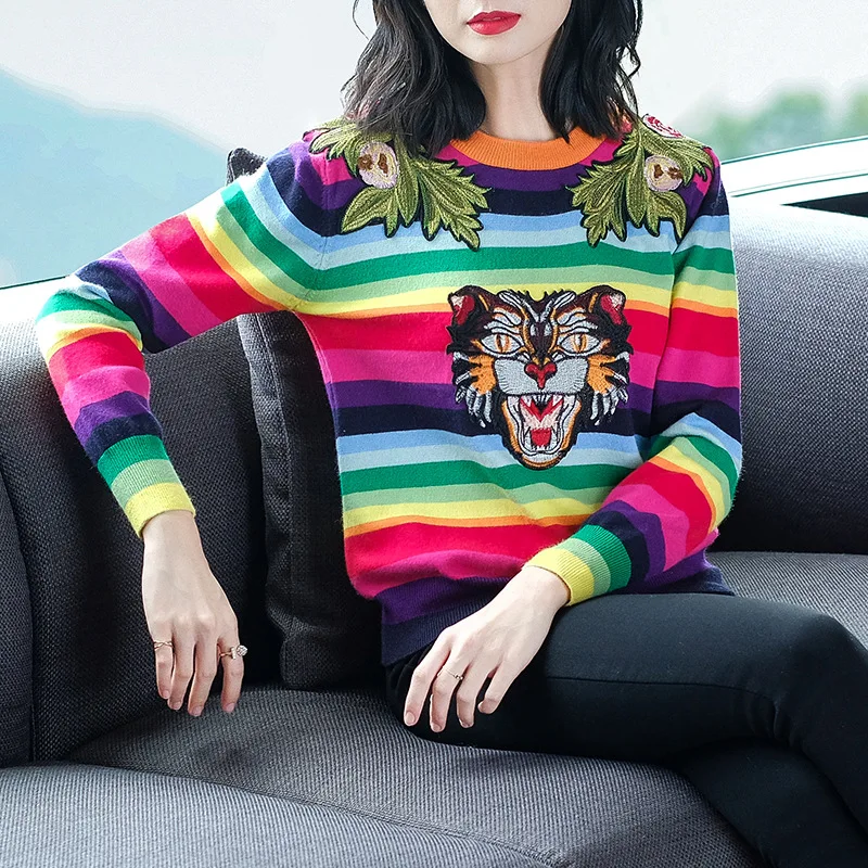 Tiger head embroidery striped elastic knit sweater 2018 new women autumn winter pullovers sweater