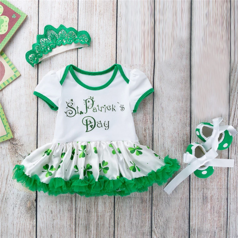 2019 Summer 3 PCS Toddler Baby Girls St. Patrick's Day Headband+Dress Outfits Set Ballet Dress For Girls Short Sleevs V8@ (1)