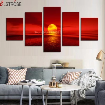 

CLSTROSE 5 Pieces/set Wall Art HD Printed Modular Pictures Canvas Sunset Red Sun Sea Natural Landscape Painting Home Decor