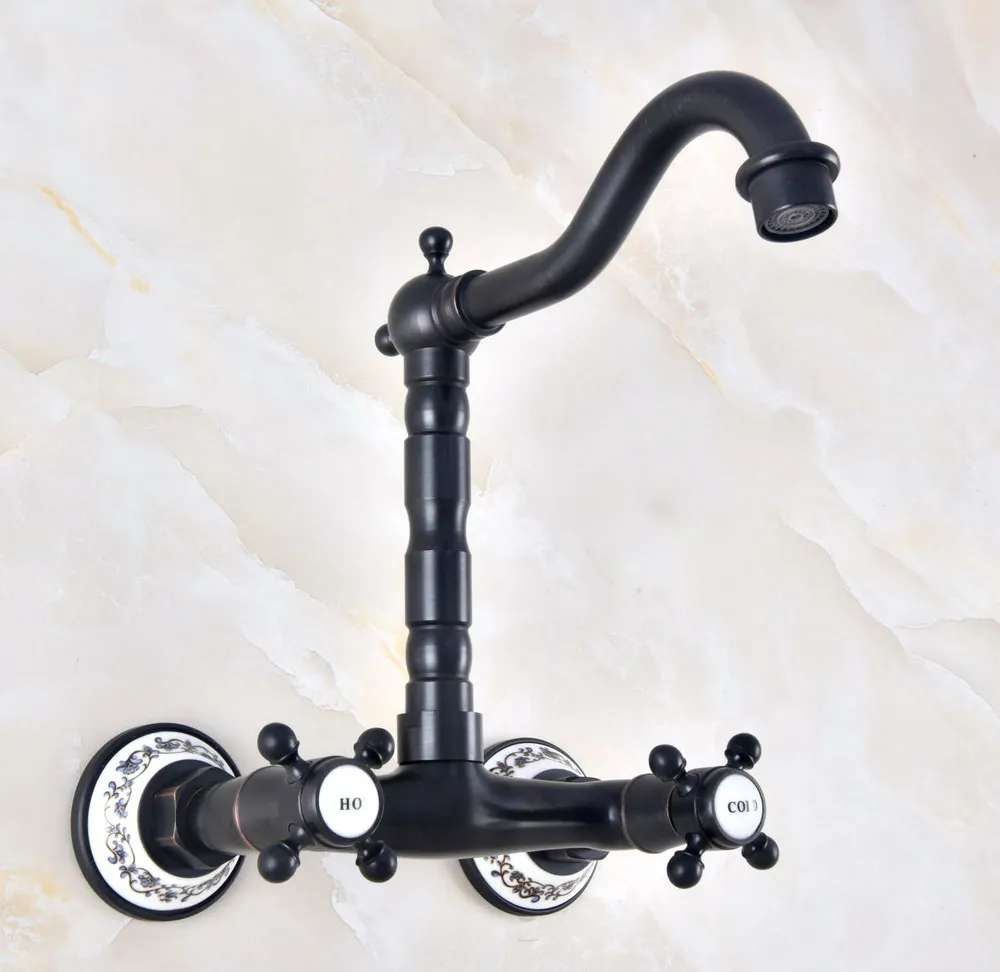Black Oil Rubbed Bronze Brass Two Cross Handles Wall Mount Swivel Spout Kitchen & Bathroom Basin Sink Faucet Mixer Tap anf460
