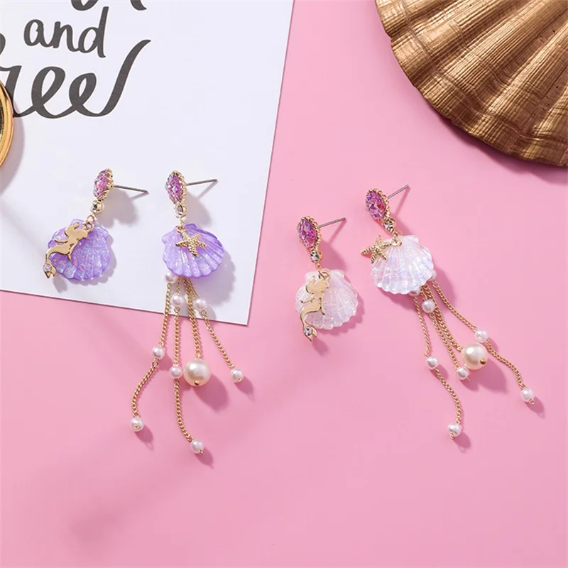 

Japanese Romantic Acrylic Shell Mermaid Long Fringed Zircon Earrings Asymmetrical Simulated Pearl Pendant Earring Female Jewelry