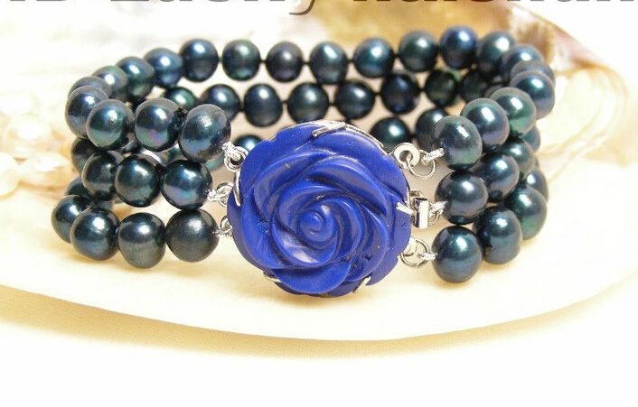 

Free shipping@@@@@ Genuine 3row 9mm 8'' round navy blue pearls bracelet LAPIS lazuli CLASP j4169
