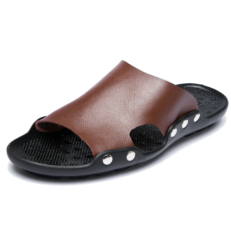 Mazefeng Summer Genuine Leather Slippers High Quality Men Sandals Rivet Beach Mens Slippers Platform Male Sandals Rubber Shoes