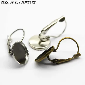 

12mm Earring Hooks Round Silver Color Bronze Plated Glass Cabochon Base Earring Blanks Setting Supplies for Jewelry 20pcs/lot