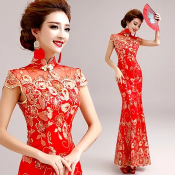 

Fashion Red Lace Bride Wedding Qipao Long Cheongsam Chinese Traditional Dress Slim Retro Qi Pao Women Antique Dresses