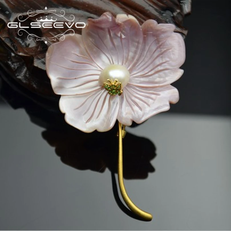 

GLSEEVO 925 Sterling Silver Natural Queen Shell Flower Brooch Pins Pearl Brooches For Women Dual Use Luxury Fine Jewelry GO0252