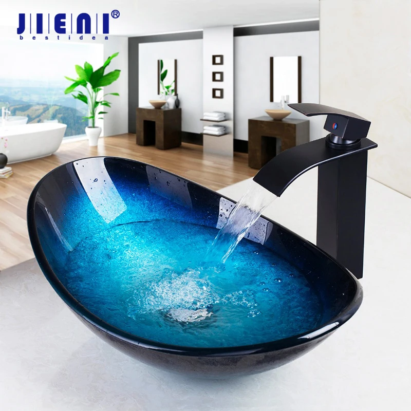 JIENI Gehärtetem Glas Hand Gemalt Wasserfall Auslauf Becken Schwarzen Hahn Waschbecken Waschbecken Bad Messing Set Wasserhahn Mischbatterien