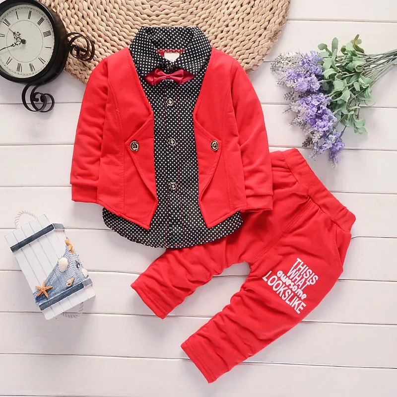 2019 Boys Spring Two Fake Clothing Sets Kids Button Letter Bow Suit Children Jacket + Pants 2 pcs Set Baby | Детская одежда и
