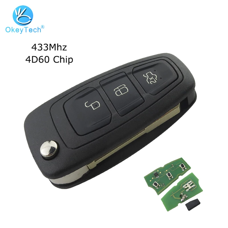 

OkeyTech for Ford Mondeo Fiesta Galaxy Transit Remote Control Blank Key Uncut FO21 Blade 3 Button 433Mhz 4D60 Chip Flip Folding