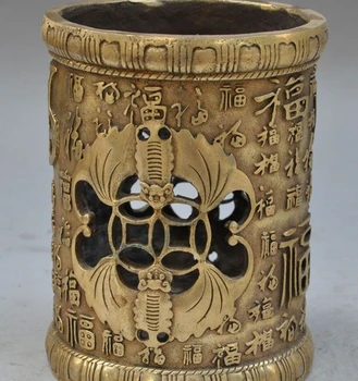 

5" marked chinese fengshui brass wealth bat dragon statue brush pot pencil vase