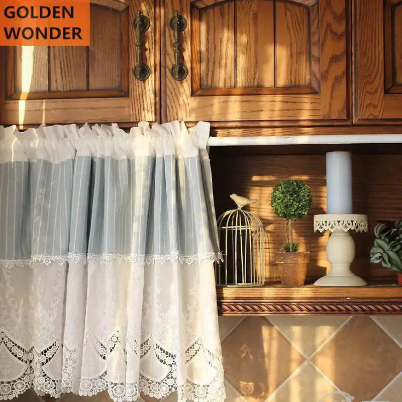 

Mediterranean Embroidery Blue white Striped Half Door curtain Lace Short Curtains For Kitchen Coffee Curtain Cotton Ready Made