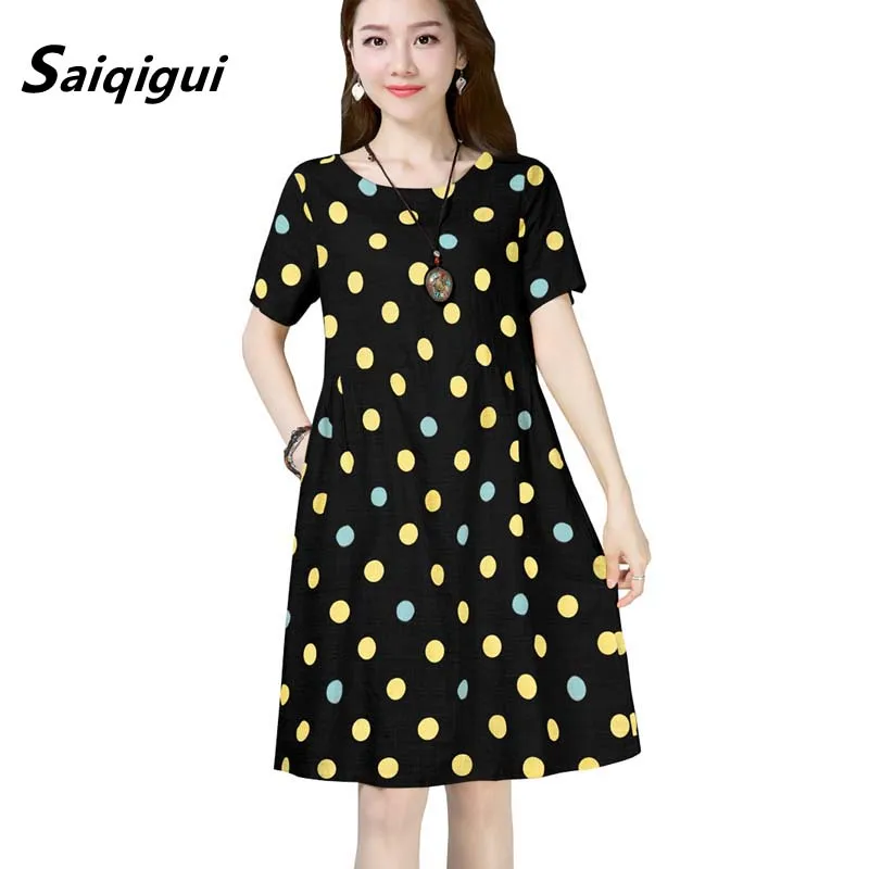 

Saiqigui 2019 spring summer dress Short sleeve women dress casual Loose A-Line Dot cotton Linen dress vestidos de festa
