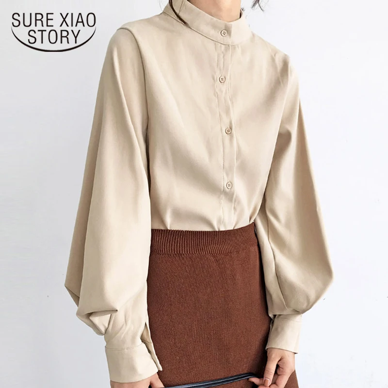 

Fashion 2019 stand collar office blouse women tops blouse white shirt lantern long sleeve women shirts shirts Stand 2516 50