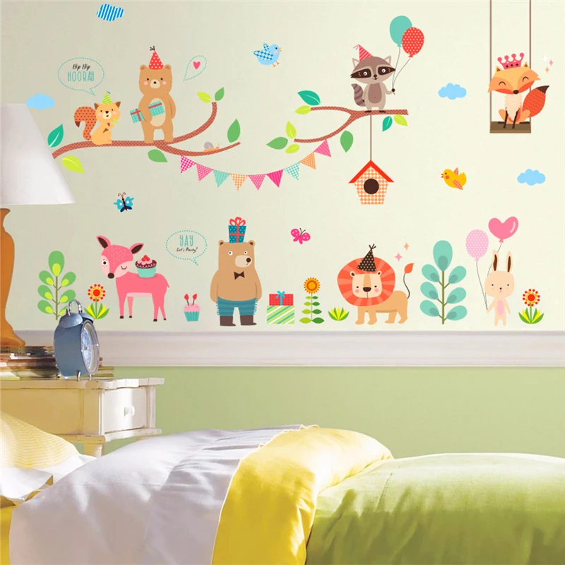 % lovely bear lion deer fox rabbit branch wall stickers kids rooms decor cartoon animals wall decals art diy posters pvc mural