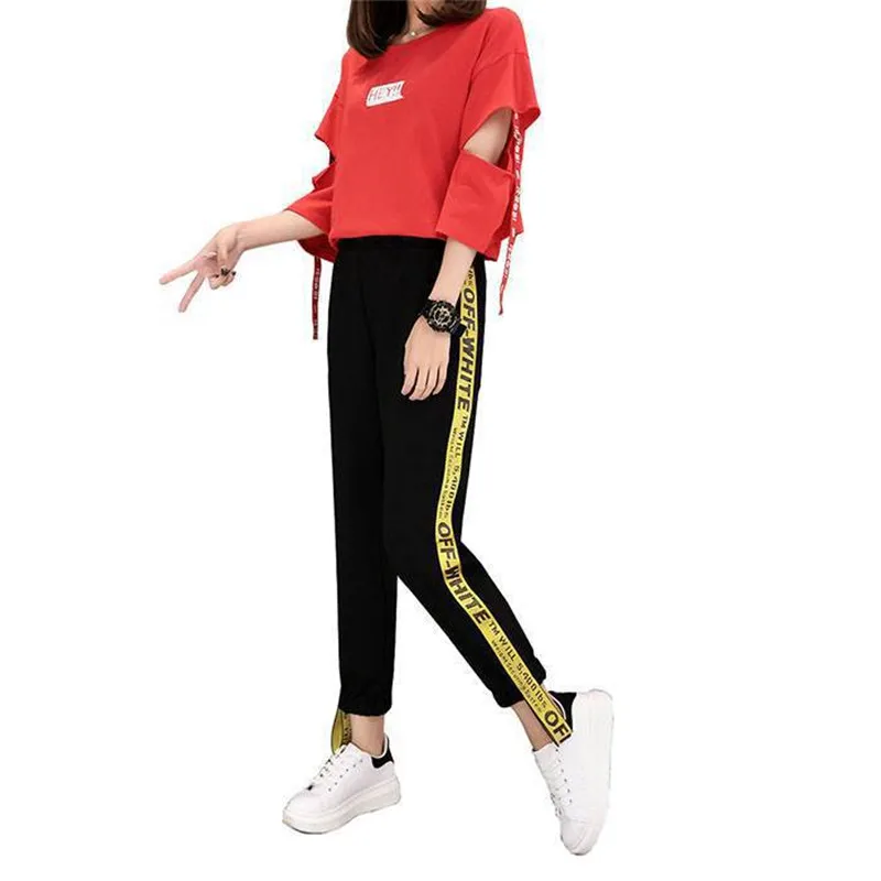 

NORMOV Women Fashion Pants Yellow Letter Strip Feet Casual Workout Comfortable Pants High Waist Ankle Length Loose Harem Pants