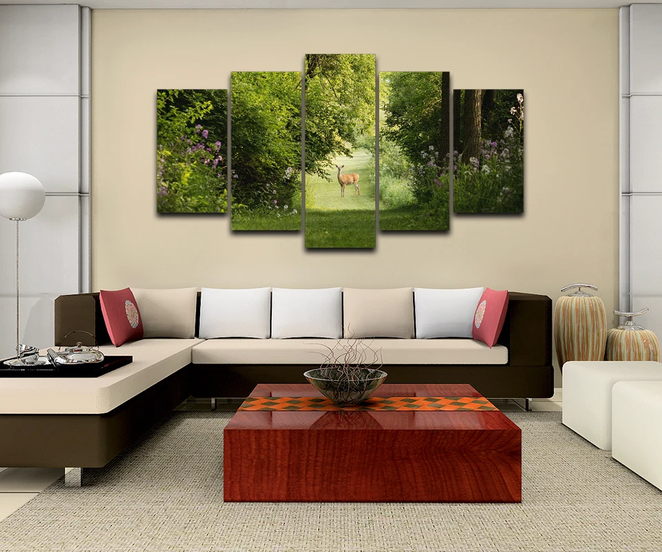 Frame-Canvas-Painting-Print-Wall-Art-Nature-Landscape-Poster-5-Pieces-Summer-Deer-HD-Modular-Pictures