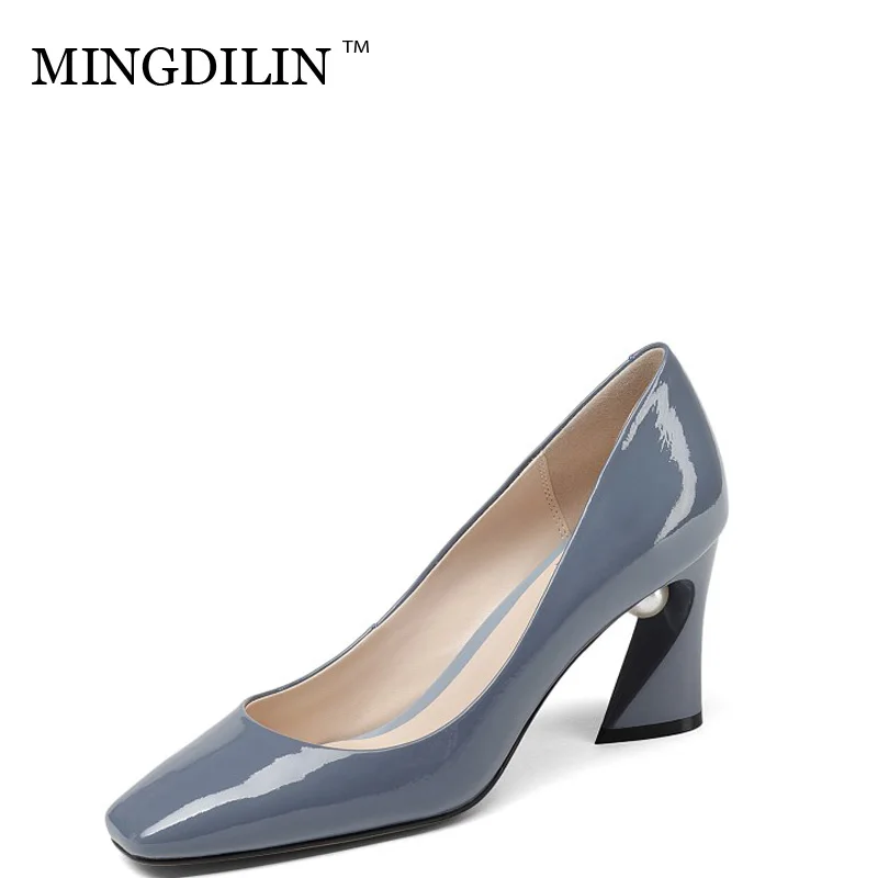 

MINGDILIN Fashionable heels Pearl Ornament Patent Leather European American Style Coarse Heel Comfortably Breathable Party 2018