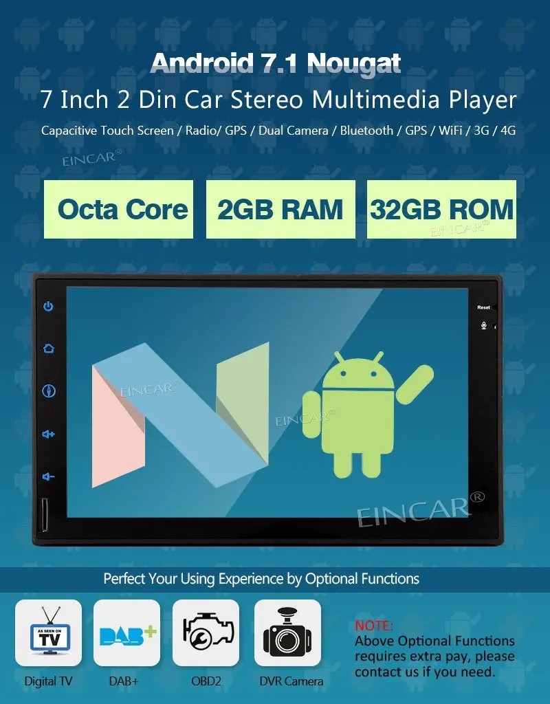 Sale 2 Din Car Stereo Android 7.1 Support GPS Navigation FM/AM Radio 4G WIFI OBD2 SWC Bluetooth Cam-In & Free Wireless Rear Camera 1