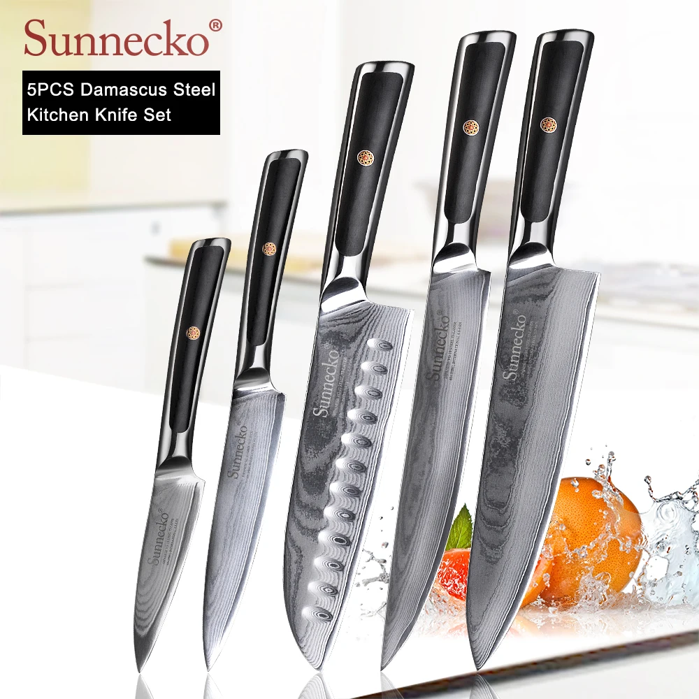 

SUNNECKO 5PCS Kitchen Knives Set Damascus Chef Utility Slicing Paring Knife Japanese VG10 Steel G10 Handle Santoku Cutting Knife