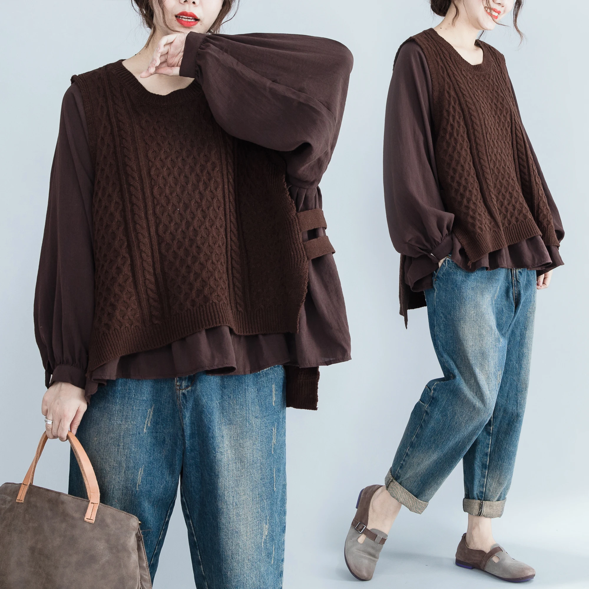 Винтаж Ретро Богемный Хиппи Boho Свободные мешковатые Blusas Femininas Elegante кофе черный хлопок Весенняя блузка для женщин топы корректирующие комплект из 2