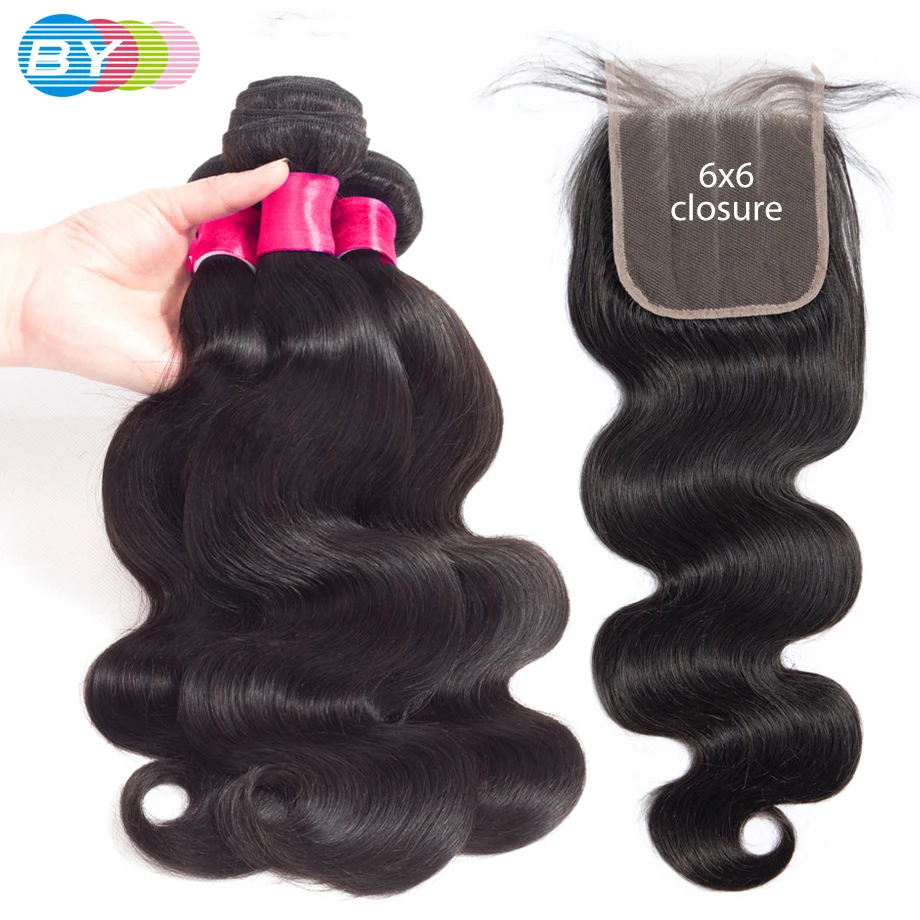 

BY 6x6 Lace Closure Pre Plucked Brazilian Bundles With Closure Body Wave Human Hair Bundles With Closure Remy Hair Extension