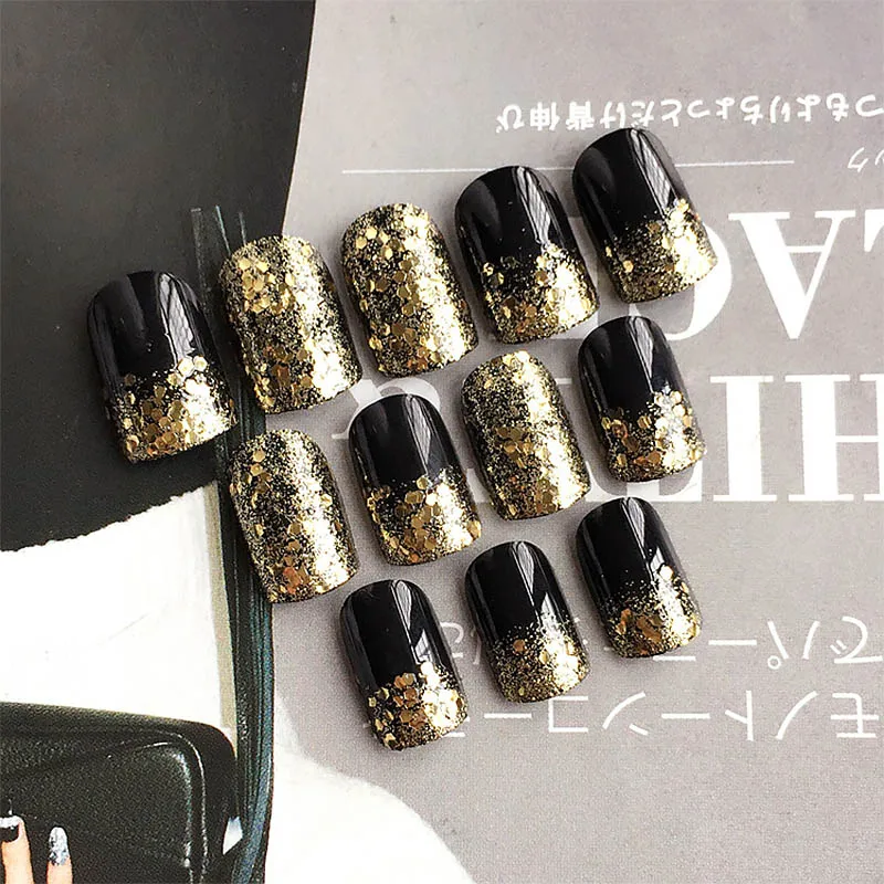  Shiny Glittler False Nails with glue Short Black Fake Nails Gold Sequins Patch Nails artificial nai